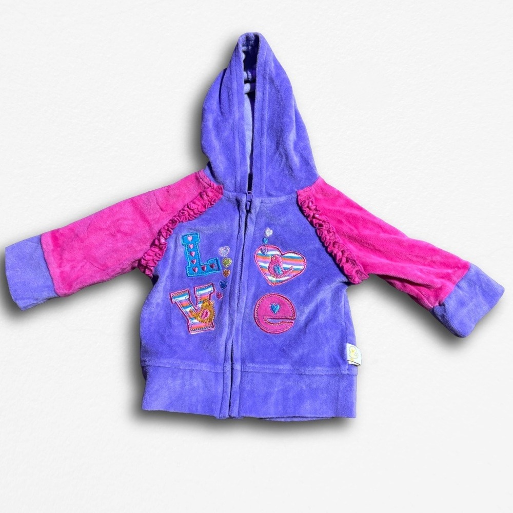 Duck Duck Goose Baby Girl Purple Pink Velour LOVE Ruffle Zip Hoodie 3-6M D03724